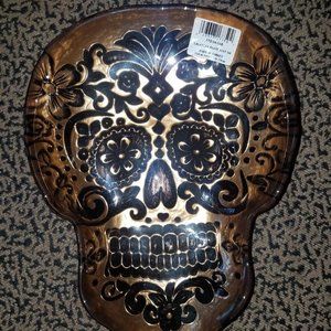 Glass Sugar Skull Dish Tray Bronze